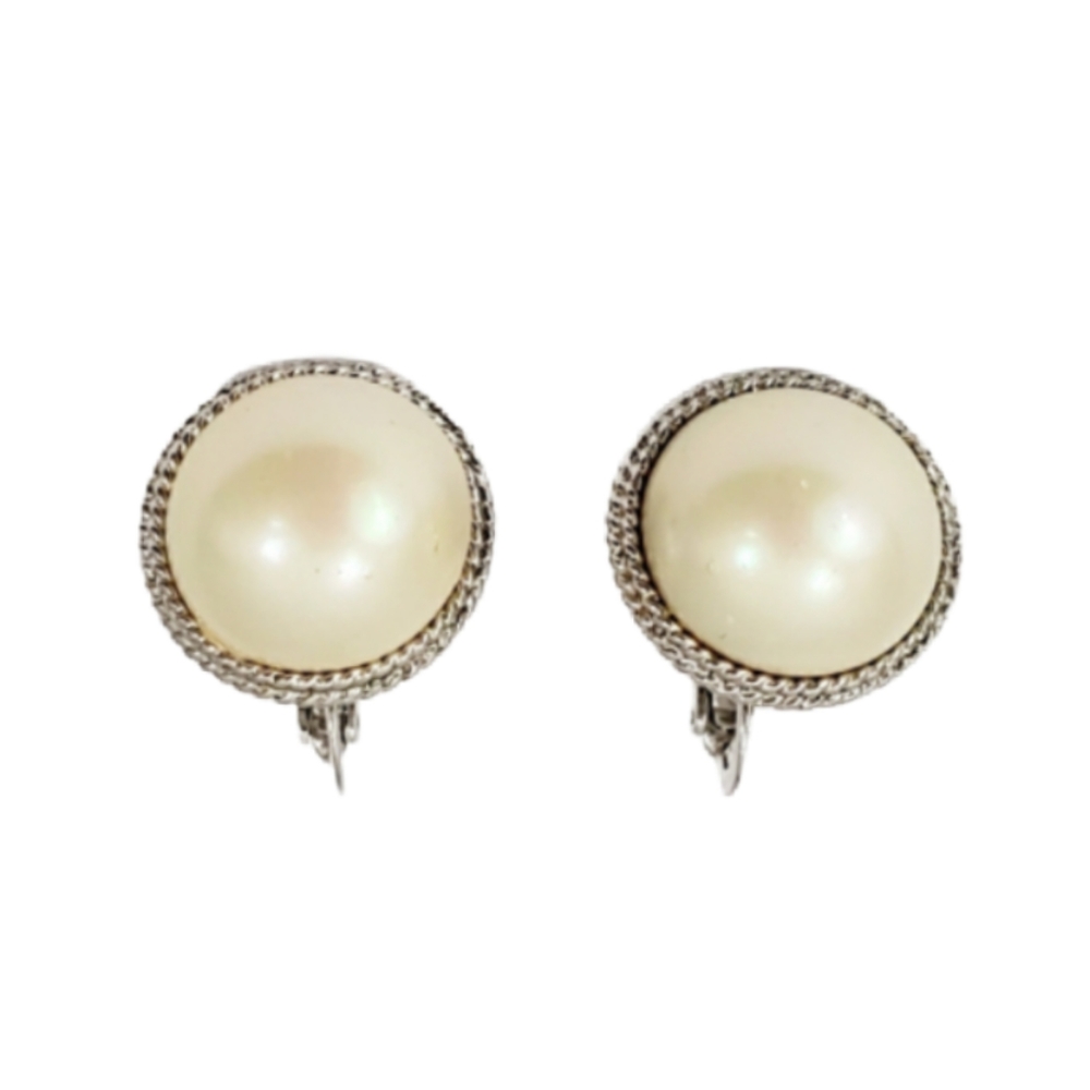 Vintage Round Faux Pearl Clip Earrings